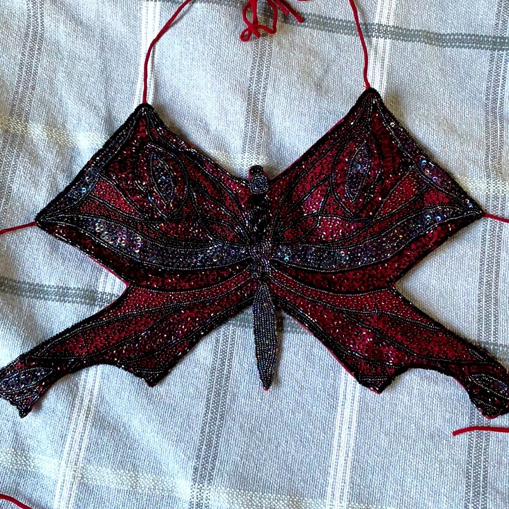Y2K beaded butterfly backless halter top